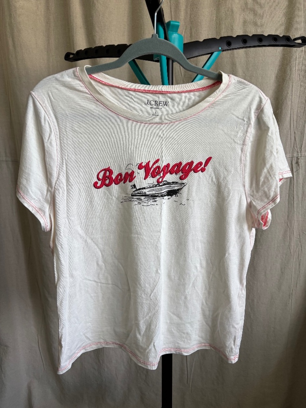 J Crew Bon Voyage Graphic t shirt shrunken fit size L cream, black, red